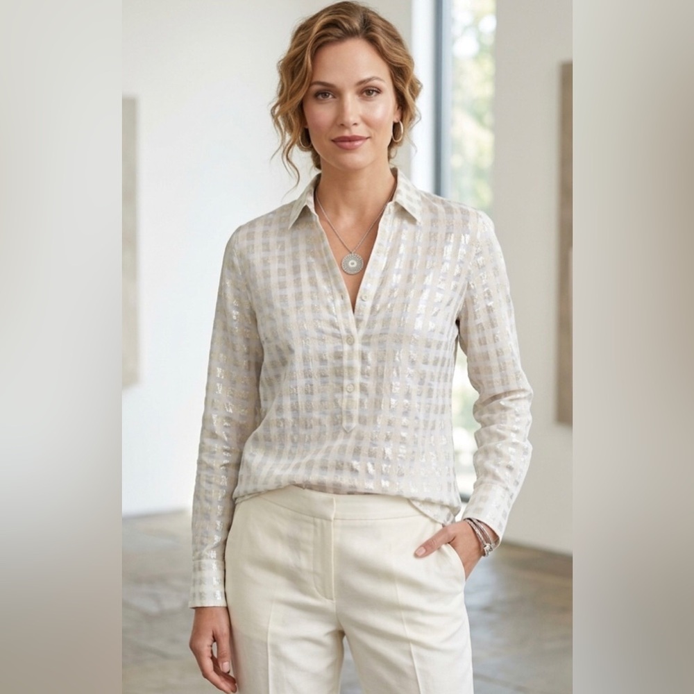 J. Crew Metallic Check Popover Blouse